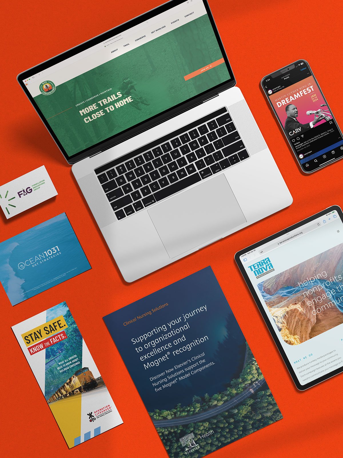 Group of client work mockups on a red background