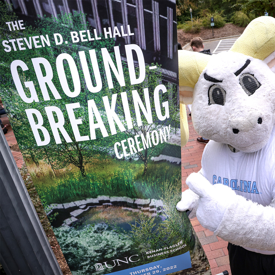 The UNC Mascot pointing to our groundbreaking sign