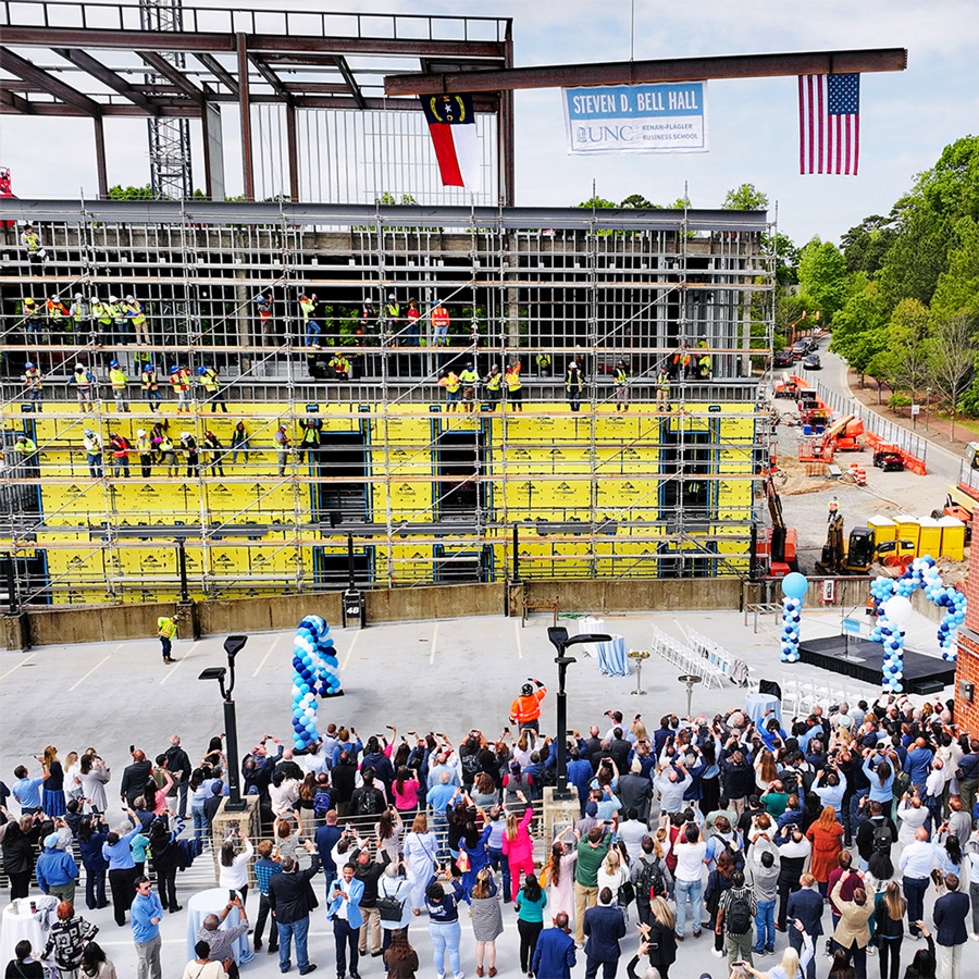 Crowd celebrating our banner being rasied at the topping off ceremony at UNC